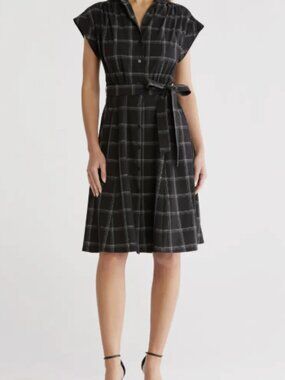 Calvin Klein Comm Big Plaid Shirtdress Tie Waist Collared Neck NWT